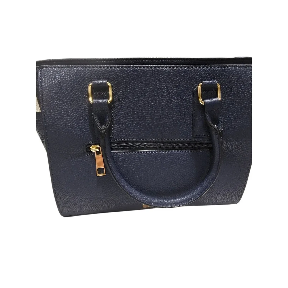 Aldo Navy Blue Pebbled Satchel Handbag Red Cream Stripe‎ Gold Hardware Tote